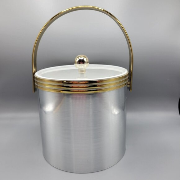 Vintage Mid Century Modern MCM Silver Gold Ice Bucket Clear Lid & Metal Handle - Picture 4 of 14